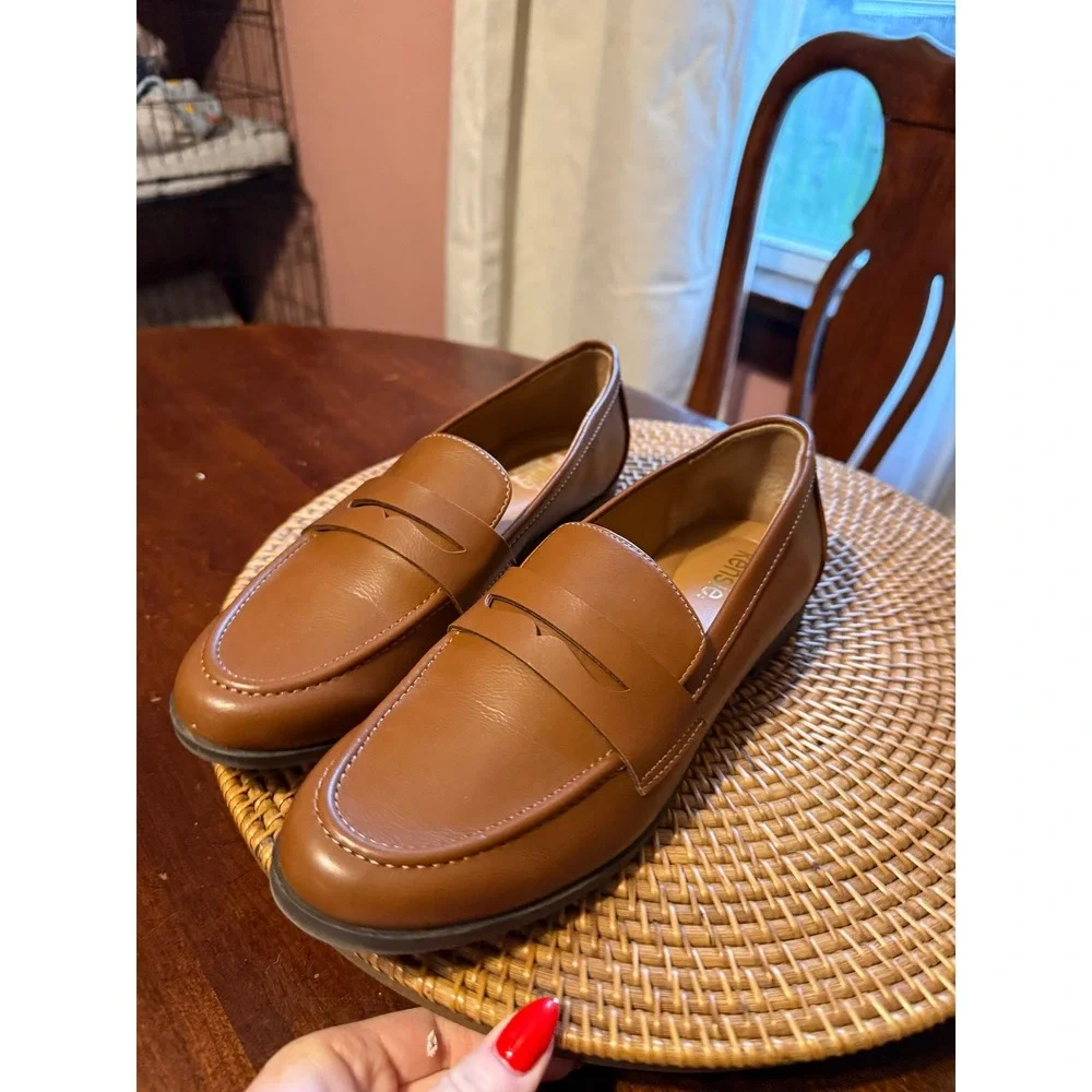 Kensie Womens Cognac Brown Faux Leather Penny Loafers Classic Slip On Flats